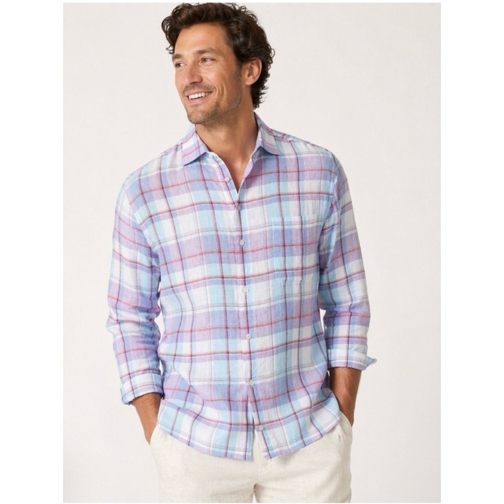 NEW! Tommy Bahama 100% Linen Plaid Button Front Shirt Long Sleeve Blue SZ L